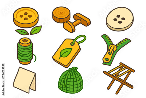 Sustainable Fashion Icons. Isometric vector illustration set Sustainable fashion – biodegradable button, wooden cufflink, shell