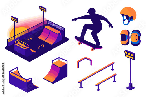 Urban Nightlife Skateboarding. Isometric vector illustration set Urban nightlife – night-time skate park, half-pipe, rails;