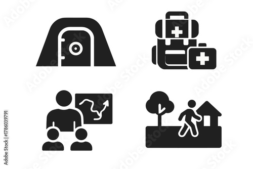 Apocalypse Survival Icons. Solid style icons of apocalypse survival schools: shelter entrance glyph, emergency gear icon, survival