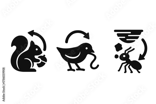 Reverse Nature Eating Icons. Solid style icons of reverse eating in nature: squirrel with nut rewind, bird pulling worm back, ant