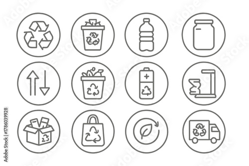 Recycling Icons Collection. Line style circular vector icons of Recycling: Recycling Symbol, Paper Bin, Plastic Bottle, Glass Jar;
