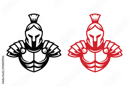 Two stylized illustrations of a Spartan warrior's bust, one in black and white and the other in red, against a white background.