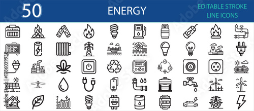 Editable stroke icons of renewable and industrial energy sources. Includes solar, wind, hydro, electric, gas, battery, nuclear, oil, biofuel, and sustainability power concepts.