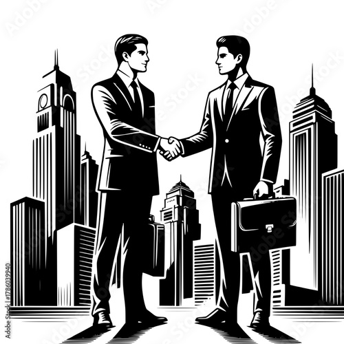 Business Deal in City: Two confident business professionals seal a deal with a firm handshake against a backdrop of modern skyscrapers, symbolizing partnership and success.
