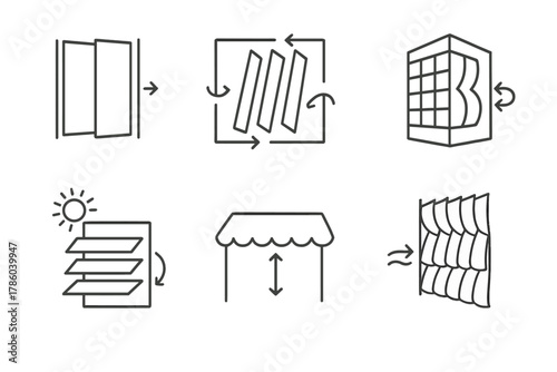 Kinetic Architecture Icons. Line style icons of kinetic architecture: moving wall panels, rotating shading elements, kinetic