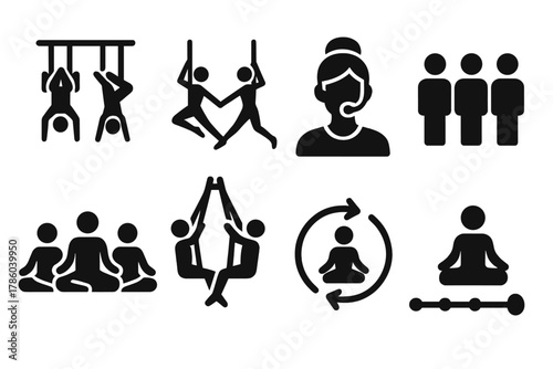 Gravity Yoga Icons. Solid style icons of gravity yoga classes: group hanging pose icon, synchronized aerial flow, instructor with