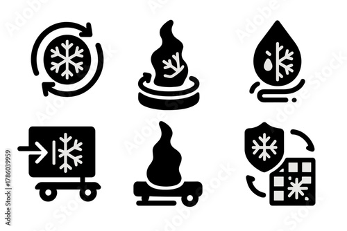 Frosted Motion Icons. Solid style icons of kinetic frozen displays: spinning frost wheel, rotating sculpture base, moving melt