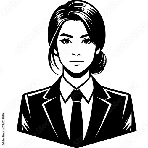 Poised in Confidence: A stylized portrait of a woman of business, exuding professionalism and determination. With a stern and elegant gaze, she is ready to take on the world.