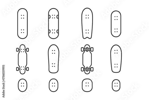 Skateboard Deck Icons. Line style round vector icons of Skateboard Deck Types: Popsicle Deck, Cruiser Board, Old School Deck, Mini