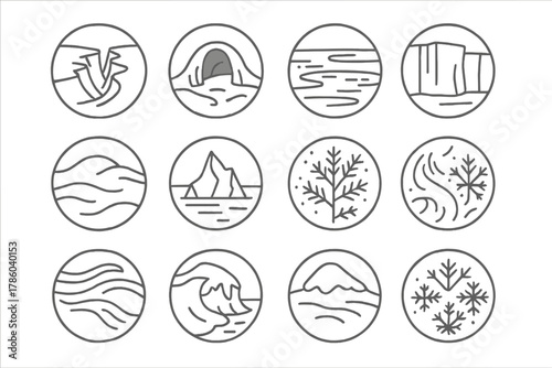 Glacial Landscapes Icons. Line style round vector icons of Glacial Landscapes: Glacier Crevasse, Ice Cave, Frozen Lake, Ice Wall;