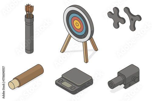 Archery Gear Overview. Isometric vector illustration set Archery gear: arrow tube carrier, target tripod stand, limb savers for