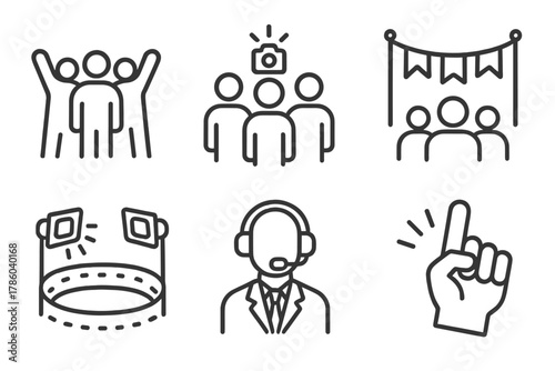 Event Celebrations Icons. Line style icons of crowd and event scene: cheering audience, camera flash group, event banners flying,