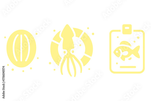 Bioluminescent Sea Icons. Solid style icons of glowing sea fauna: comb jelly glyph, firefly squid icon, flashlight fish badge.