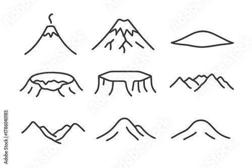 Mountain Icons Line Style. Line style icons of Mountain types: volcanic cone, stratovolcano, shield volcano, caldera, plateau,