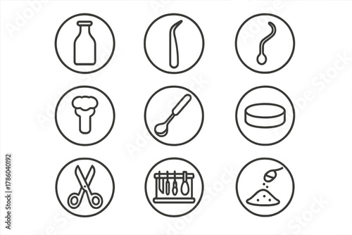 Glass Bottle Craft Tools. Line style round vector icons of Glass Bottle Crafts: Long-Neck Bottle, Curved Tweezers, Wire Hook,