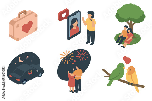Romantic Themes Set. Isometric vector illustration set of Romantic & Love: heart-themed suitcase, long-distance love call, couple