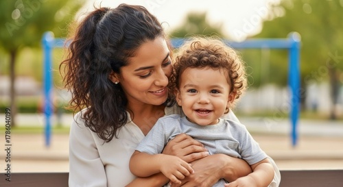 Fototapeta Naklejka Na Ścianę i Meble -  A woman and a child sitting on a bench in a park.