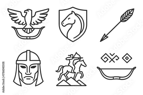 Mounted Archery Icons. Line style icons of cultural symbolism in mounted archery: eagle emblem with bow, horse crest shield, arrow