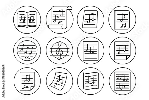 Musical Icon Collection. Line style icons of sheet music in round shape: open sheet, scroll of music, loose sheet notes, bound