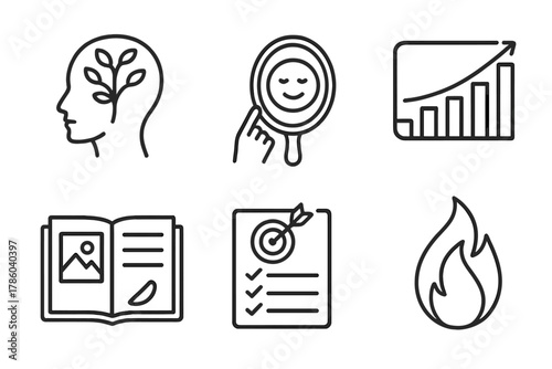 Biohacking Icon Set. Line style icons of mindset and behavior in biohacking: growth mindset icon, self-reflection practice, habit