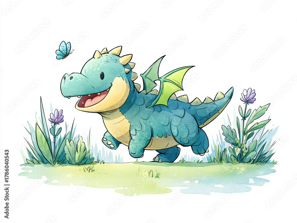 Obraz premium Create friendly baby dragon with playful grin, running joyfully in vibrant garden filled with flowers and butterflies