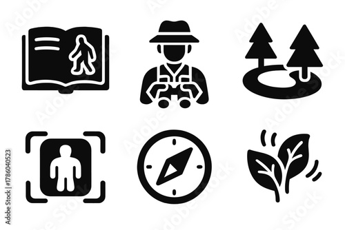 Cryptid Research Icons. Line style icons of Cryptid Research: Cryptid encyclopedia, field researcher, forest clearing, thermal