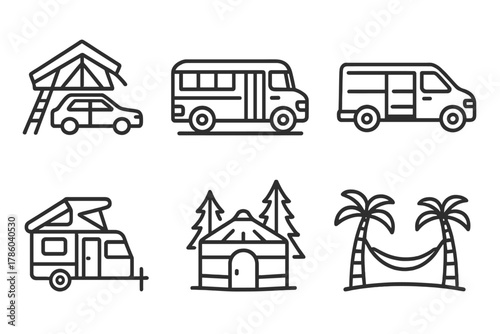 Shelter Options Icons. Line style icons of shelter options: rooftop tent, converted school bus, cargo van home, pop-up camper,