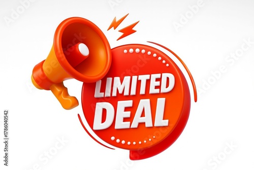 Bright orange megaphone announcing a limited deal with energetic lightning bolts on a white background