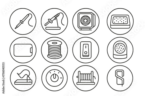 Soldering Tools Line Icons. Line style round vector icons of Soldering Station: Soldering Iron, Iron Stand, Fume Extractor, Sponge