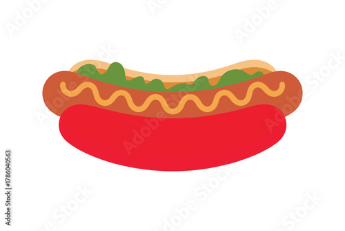 A single, brightly colored illustration of a hot dog with mustard and relish sits on a white background.