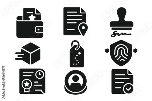 Digital Provenance Icons. Solid style icons of ownership and provenance: wallet with performance file, traceable act icon,