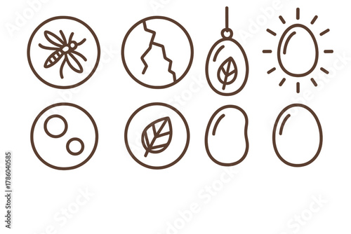 Amber Line Icons. Line style icons of amber in round shape: insect in amber, cracked amber, glowing amber piece, hanging pendant;