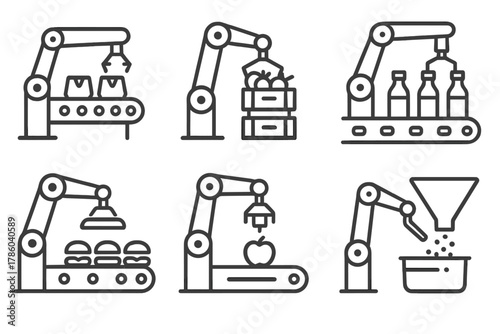 Industrial Food Robots. Line style icons of industrial food robots: automated packaging line, robot with food crates, bottling