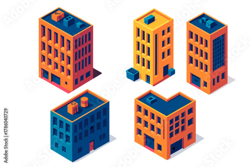 Brutalist Skyscraper Silhouettes. Isometric vector illustration set Skyscraper silhouettes – brutalist highrise blocks, concrete