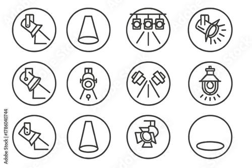Spotlight Icon Set. Line style icons of spotlights in round shape: stage spotlight, beam of light, ceiling light rig, spotlight