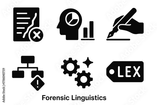Forensic Linguistics Icons. Line style icons of Forensic Linguistics: disputed text icon, authorship analysis chart, writing style