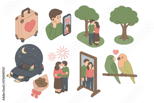 Romantic Themes Set. Isometric vector illustration set of Romantic & Love: heart-themed suitcase, long-distance love call, couple