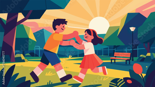 Illustration of Two Children Playing Happily in the Park Vector Design Template