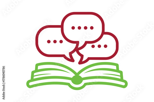 Three speech bubbles hover above an open book, symbolizing communication and knowledge sharing.