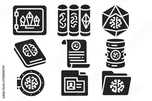 Psionic Archive Icons. Solid style icons of psionic archives: memory crystal vaults, thought storage pillars, mind-record prisms.