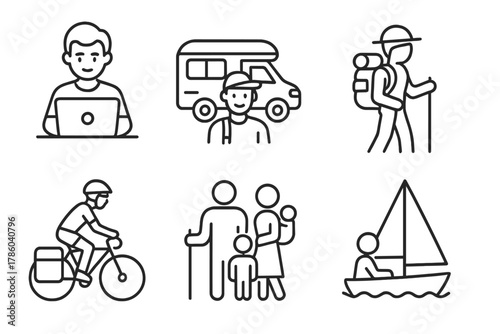Nomadic Lifestyle Icons. Line style icons of types of nomads: digital nomad at laptop, vanlife traveler, backpacking explorer,
