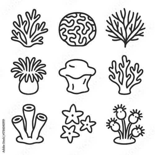 Coral Reef Icons. Line style icons of Coral Reef Elements: staghorn coral, brain coral, sea fan, sea anemone, sponge, soft coral,