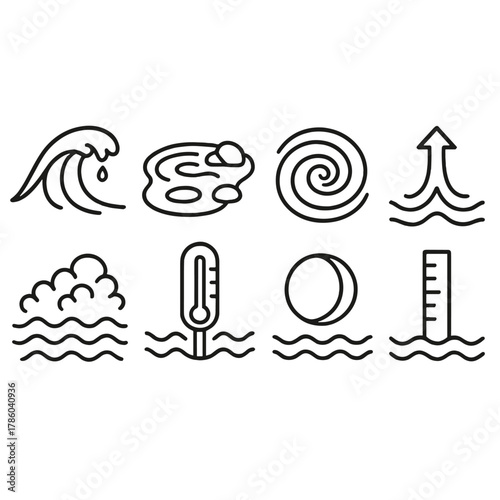 Tidal and Wave Icons. Line style icons of Tidal & Wave Phenomena: wave crest, tide pool, whirlpool, rip current arrow, sea foam,
