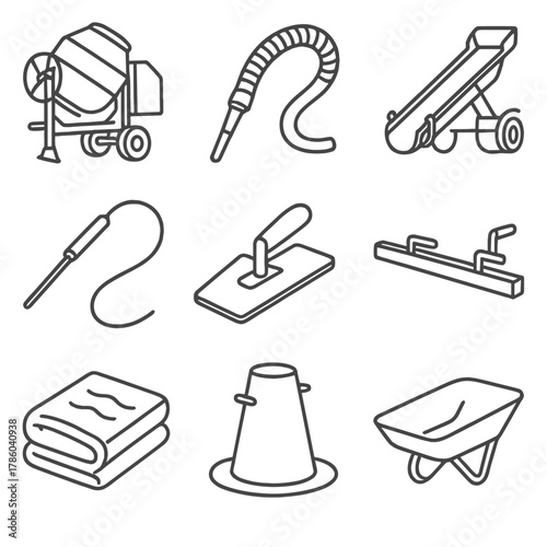 Concrete Mixing Tools Icons. Line style icons of Concrete Mixing and Pouring: drum mixer, concrete pump hose, mixer truck chute,
