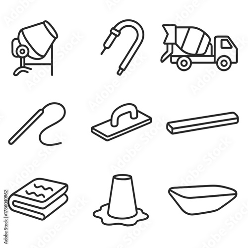 Concrete Mixing Tools Icons. Line style icons of Concrete Mixing and Pouring: drum mixer, concrete pump hose, mixer truck chute,