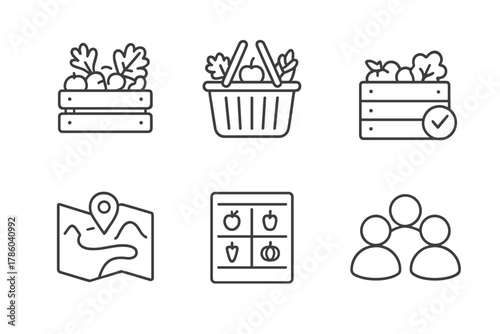 Community Agriculture Icons. Line style icons of community-supported agriculture: CSA box, pickup basket, subscription crate,