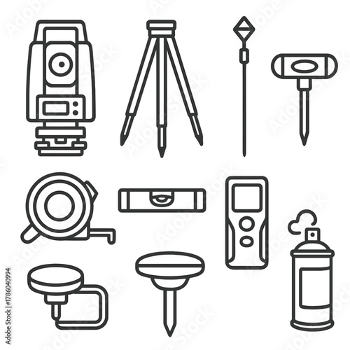 Survey Instruments Icons. Line style icons of Surveying and Layout Instruments: total station, survey tripod, prism pole, level
