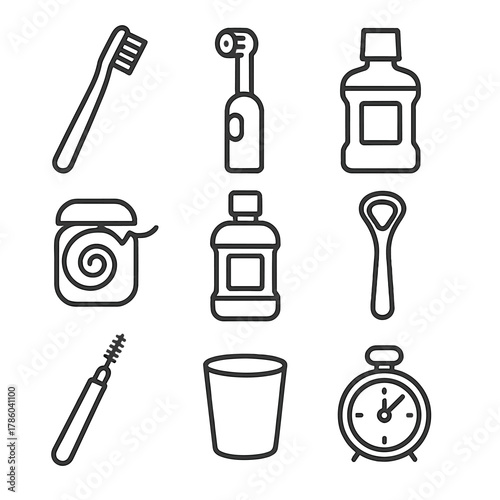 Oral Hygiene Icons. Line style icons of Oral Hygiene Tools: manual toothbrush, electric toothbrush, toothpaste tube, floss spool,