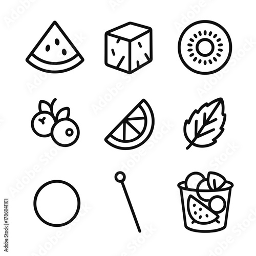 Refreshing Fruit Icons. Line style icons of Refreshing Fruit Cups: watermelon slice, pineapple chunk, kiwi wheel, berry mix,