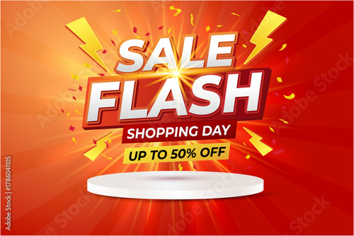 Sale flash shopping day up to 50% off banner on a vibrant red background with a glowing spotlight, confetti, and podium for product display